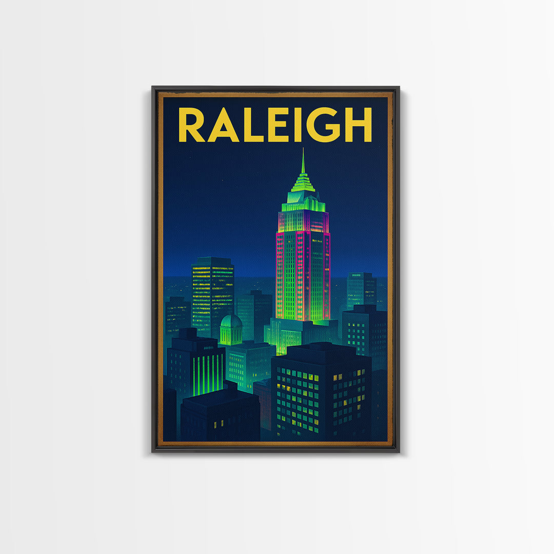 Raleigh Travel Poster, Framed Canvas Print, Retro Neon Travel Art, Raleigh Travel Art, Travel Poster Set, Gift For Travelers, Home Decor