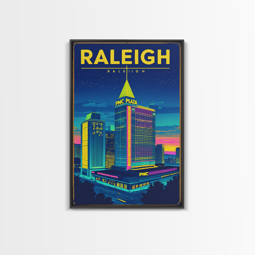 Raleigh Travel Poster, Framed Canvas Print, Electric Night Poster Art, Raleigh Art Print, Vintage Travel Art, City Illustration
