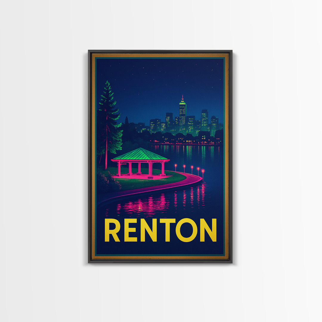 Renton Washington Travel Poster, Canvas Print, Neon Downtown Skyline Wall Art, Renton Travel Art, Travel Prints, Wanderlust Decor, Art Print