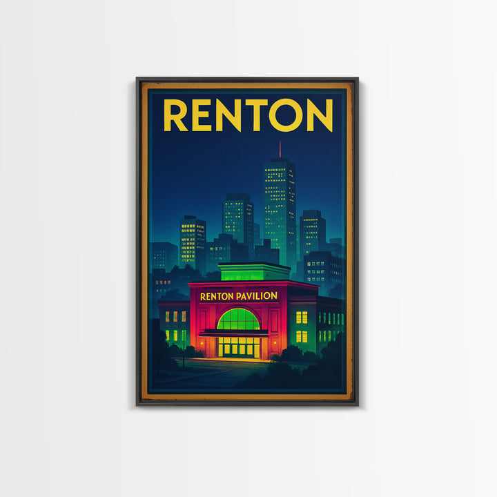 Renton Travel Poster, Canvas Print, Electric Night Poster Art, Renton Art Print, Living Room Wall Art, Vintage City Art, Fine Art Print