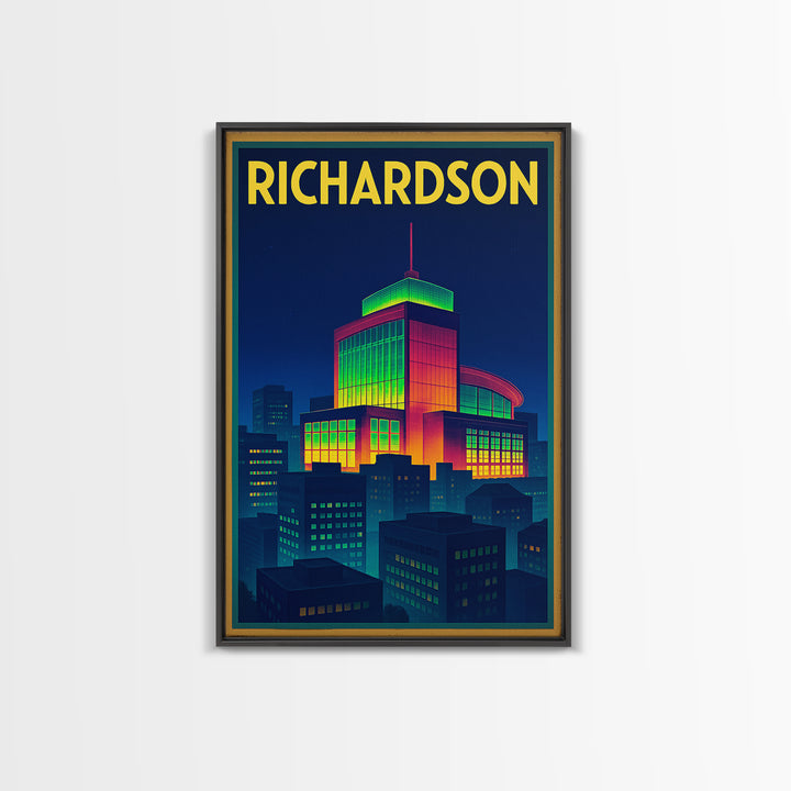 Richardson Travel Poster, Framed Canvas Print, Cyberpunk Style City Art, Richardson Art Print, Travel Wall Art, Eclectic Wall Decor
