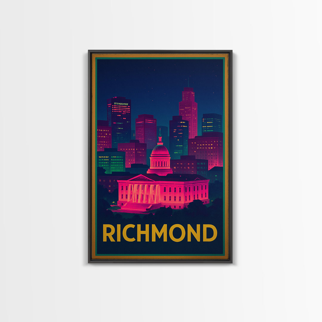 Richmond Travel Poster, Canvas Print, Neon Cityscape Wall Art, Richmond Art Print, Travel Wall Decor, Travel Wall Art, City Illustration