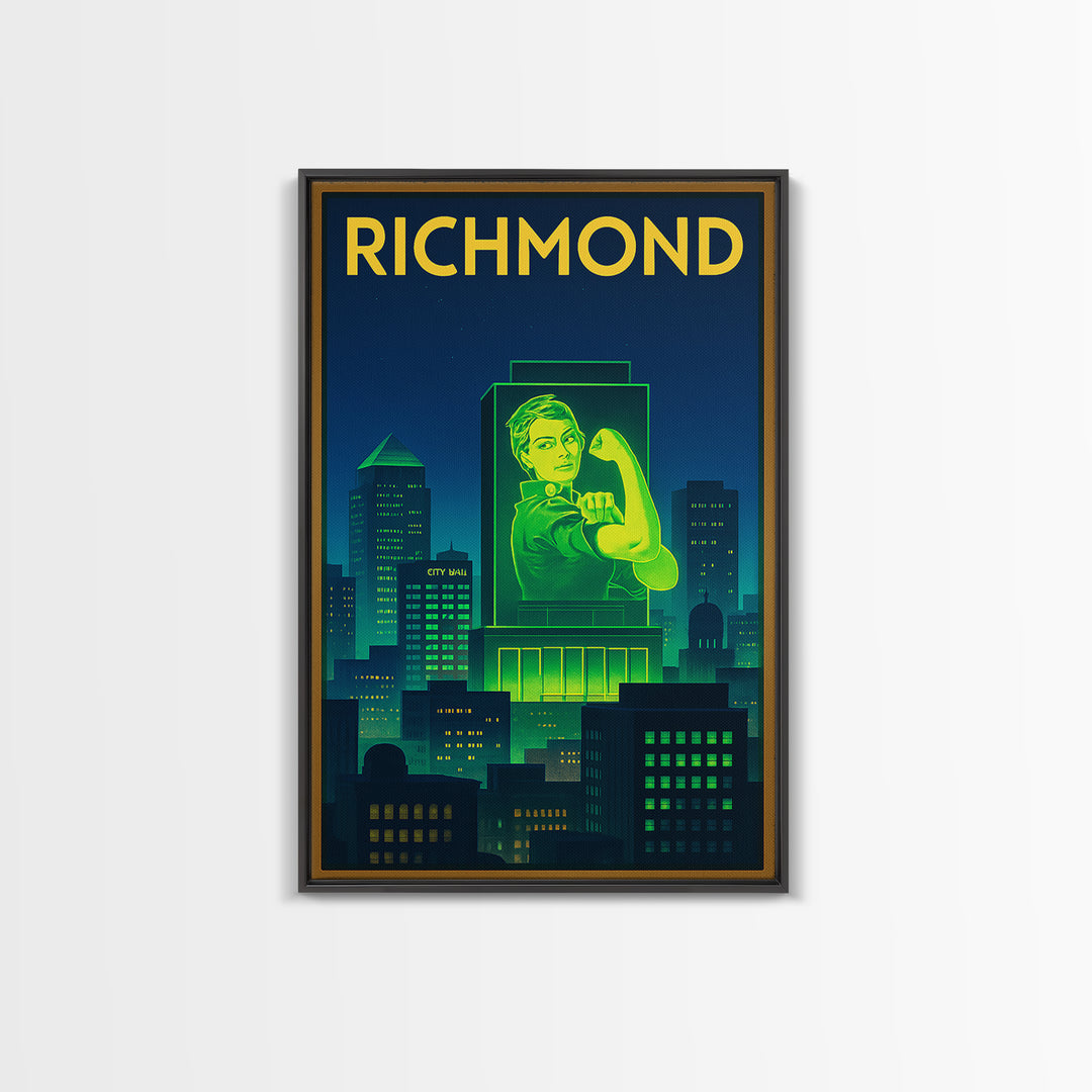 Richmond Travel Poster, Framed Canvas Print, Electric Night Poster Art, Richmond City Art, Wanderlust Decor, Living Room Wall Art