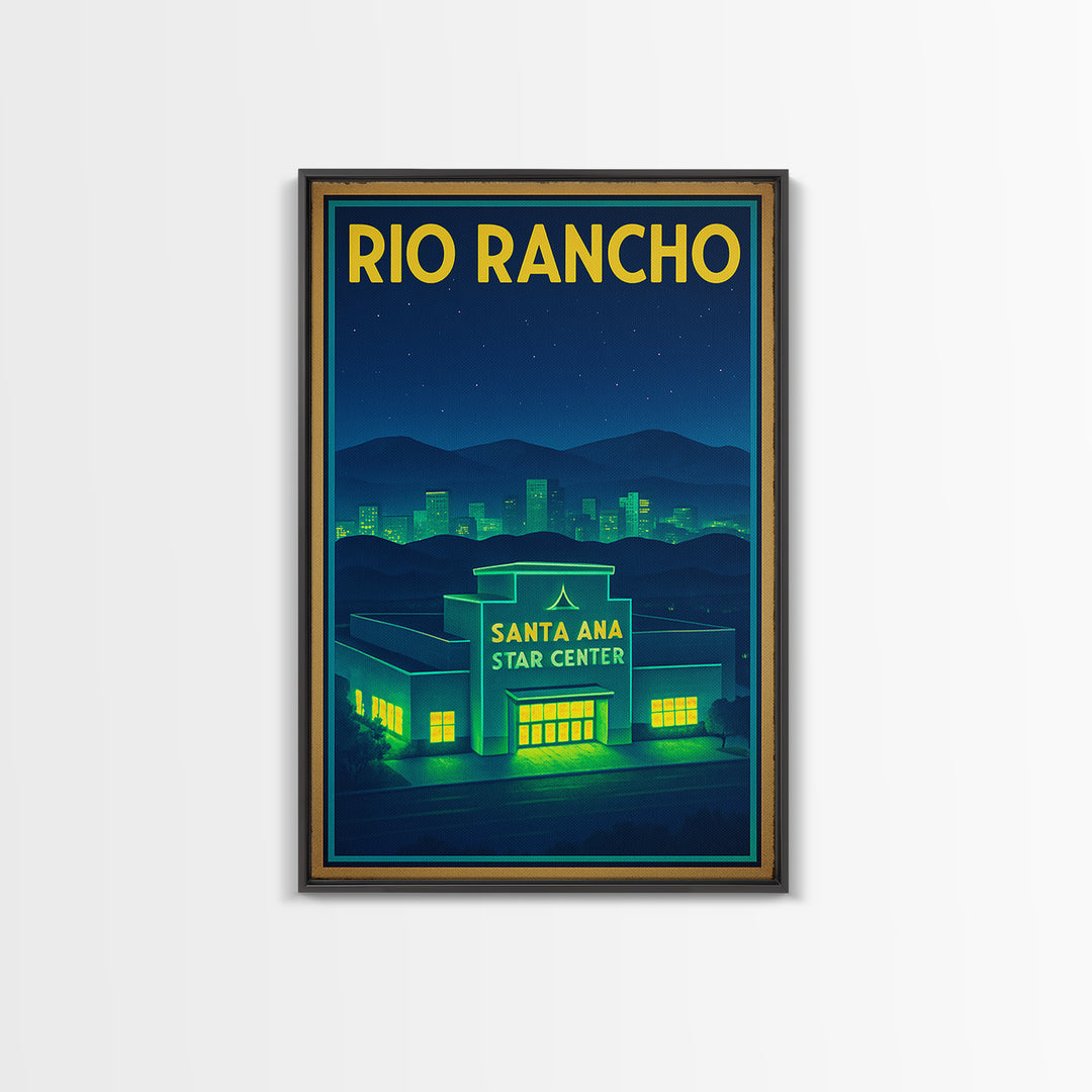 Rio Rancho Travel Poster, Framed Canvas Print, Electric Night Poster Art, Rio Rancho Art Print, Home Office Decor, Watercolor Skyline