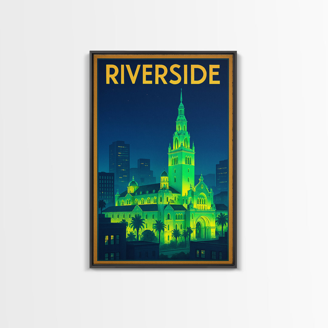 Riverside Travel Poster, Canvas Print, Neon City Skyline Wall Art, Riverside City Art, Living Room Wall Art, Eclectic Wall Decor, Wall Art