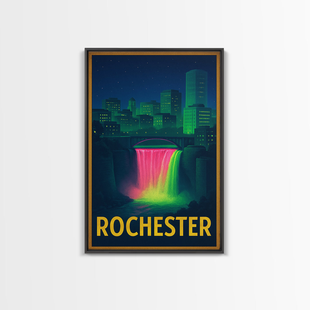 Rochester New York Travel Poster, Framed Canvas Print, Retro Neon Travel Art, Rochester Art Print, Mid Century Wall Art, Eclectic Wall Decor
