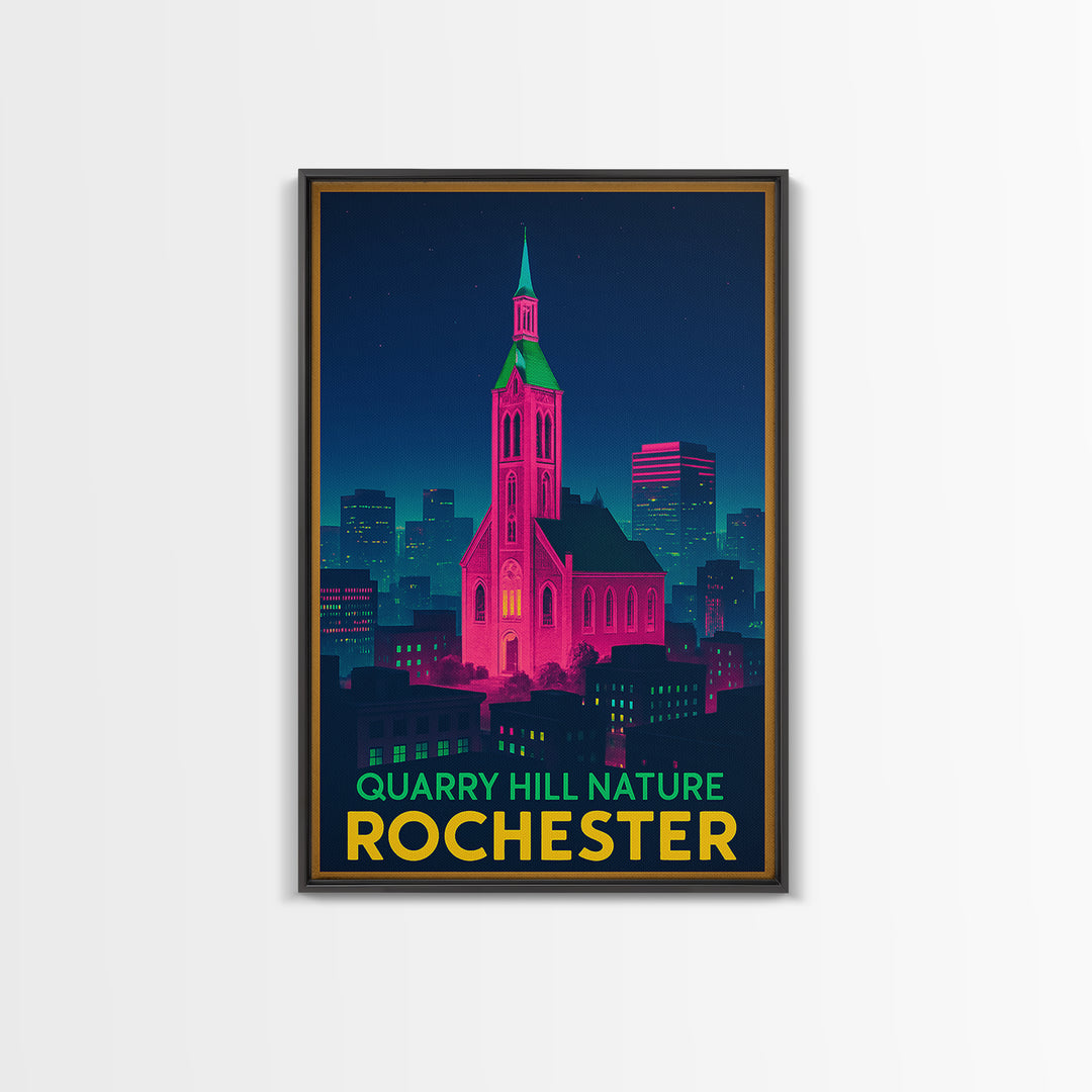 Rochester Travel Poster, Canvas Print, Retro Neon Travel Art, Rochester Art Print, Travel Wall Decor, Gift For Travelers, Travel Wall Art