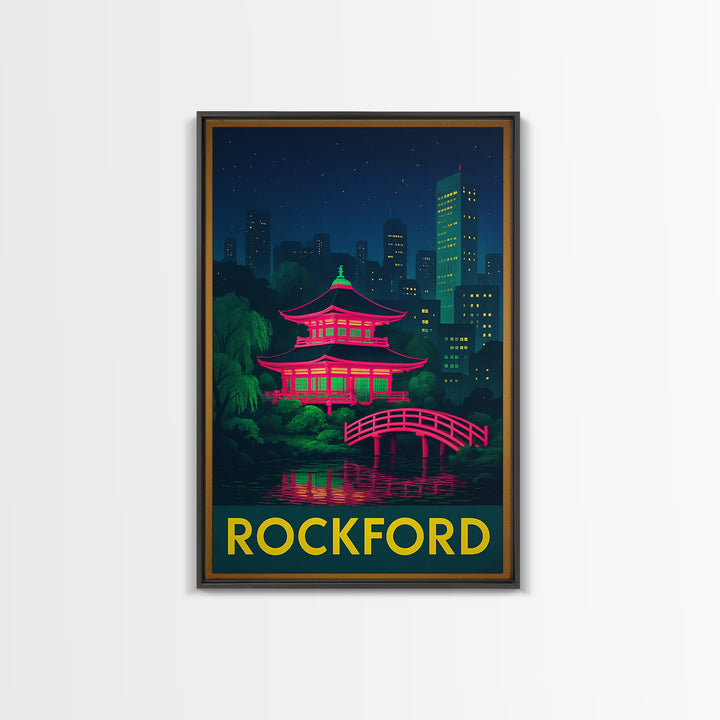 Rockford Illinois Travel Poster, Canvas Print, Retro Neon Travel Art, Rockford Art Print, Wanderlust Decor, Mid Century Wall Art, Travel Art