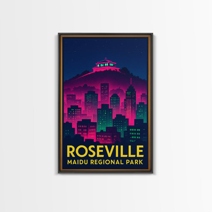 Roseville California Travel Poster, Framed Canvas Print, Neon Skyline Wall Art, Roseville Travel Art, Eclectic Wall Decor, Travel Wall Decor