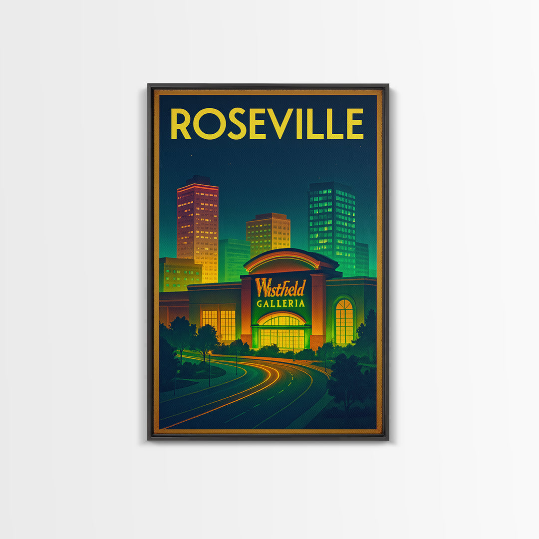 Roseville Travel Poster, Framed Canvas Print, Neon Skyline Art Wall Art, Roseville Poster Print, Home Office Decor, City Illustration