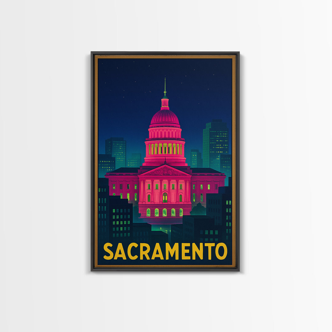 Sacramento California Travel Poster, Canvas Print, Electric Night Poster Art, Sacramento Wall Art, Vintage Travel Art, Living Room Wall Art
