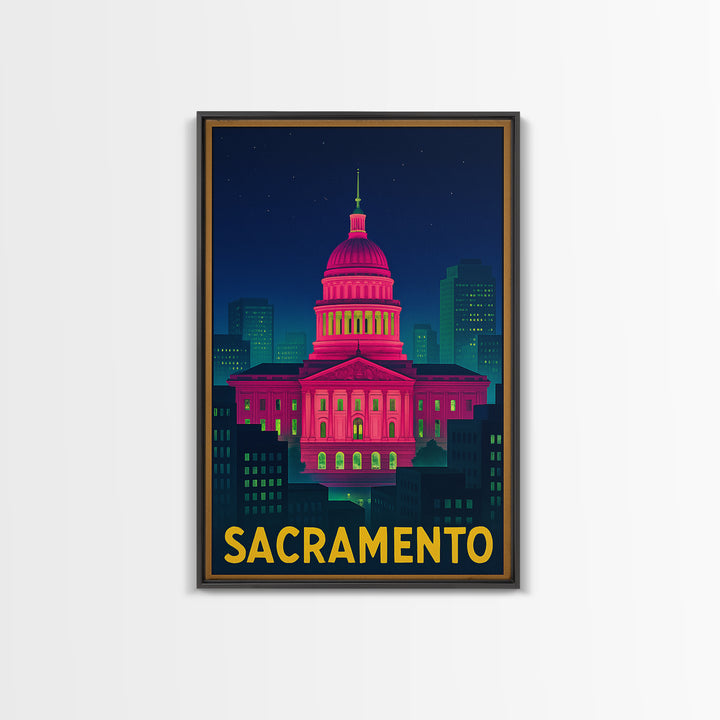 Sacramento California Travel Poster, Canvas Print, Electric Night Poster Art, Sacramento Wall Art, Vintage Travel Art, Living Room Wall Art