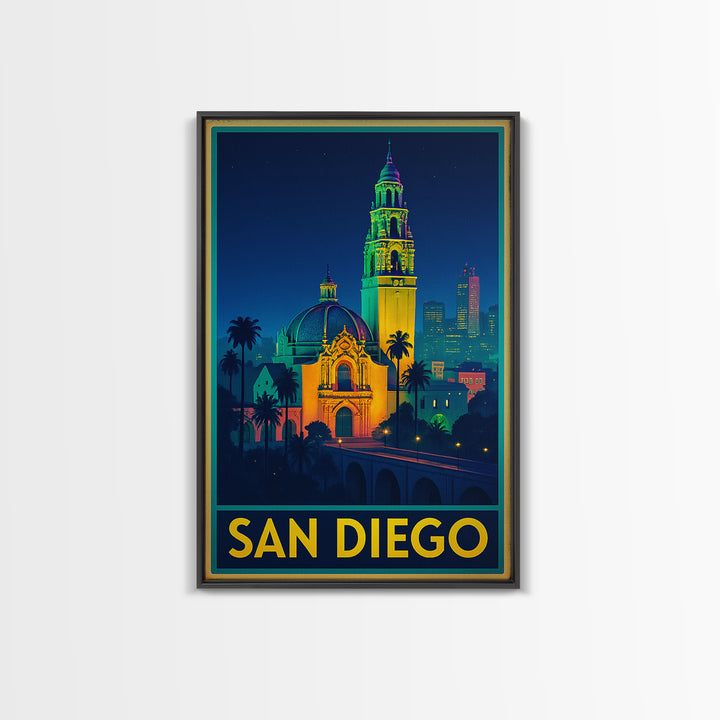 San Diego California Travel Poster, Canvas Print, Cyberpunk Style City Art, San Diego Poster Print, City Illustration, Mid Century Wall Art