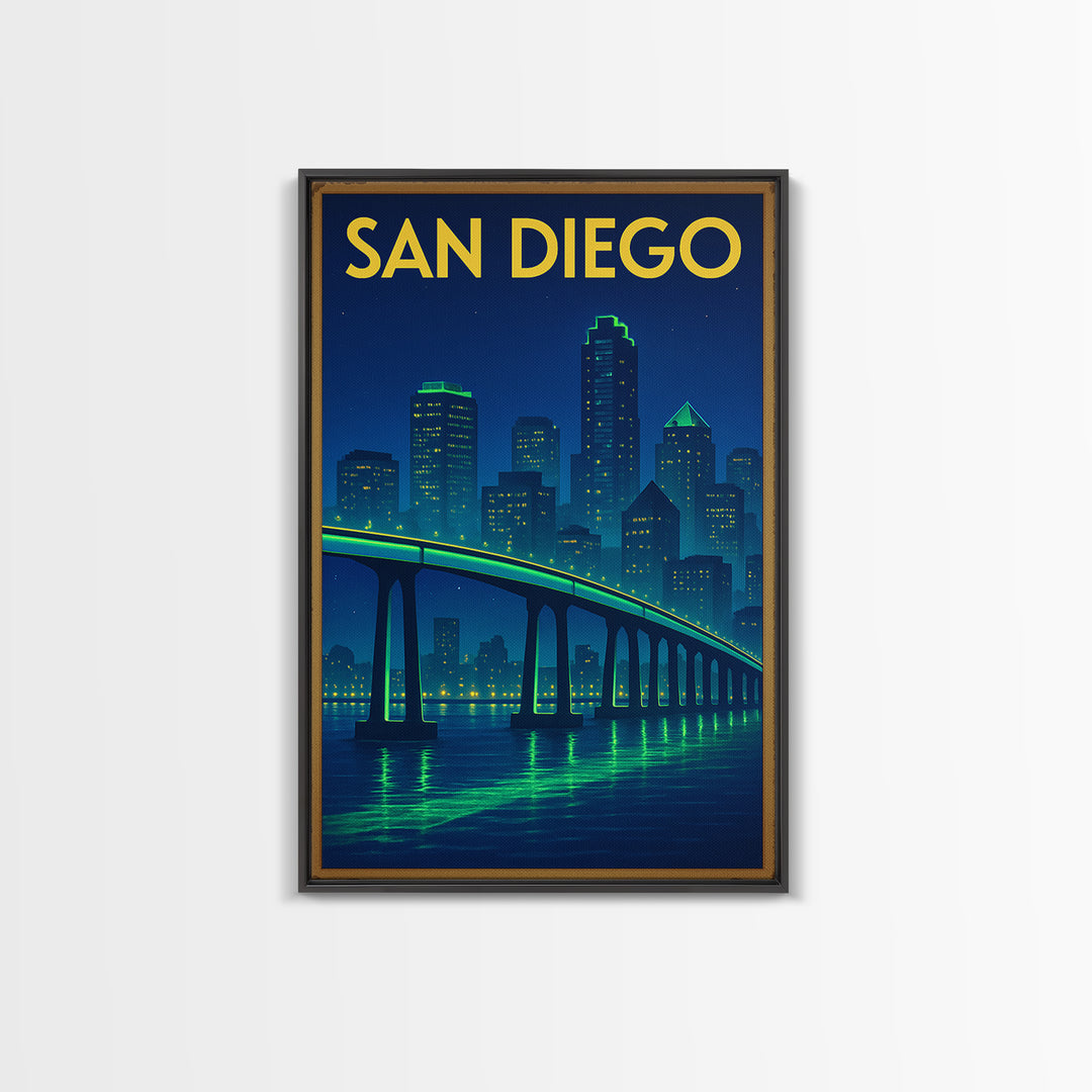 San Diego Travel Poster, Framed Canvas Print, Electric Night Poster Art, San Diego Wall Art, Retro Travel Print, Travel Wall Art