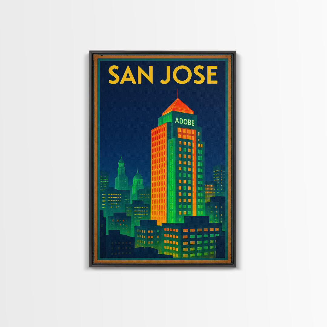 San Jose California Travel Poster, Framed Canvas Print, Cyberpunk Style City Art, San Jose Art Print, Wanderlust Decor, Travel Poster Set