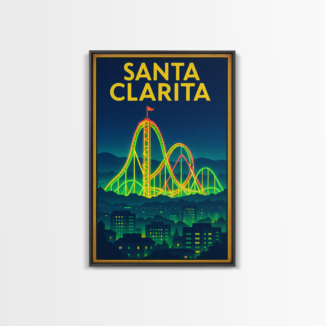 Santa Clarita Travel Poster, Framed Canvas Print, Retro Neon Travel Art, Santa Clarita Wall Art, Vintage City Poster, Retro Travel Print