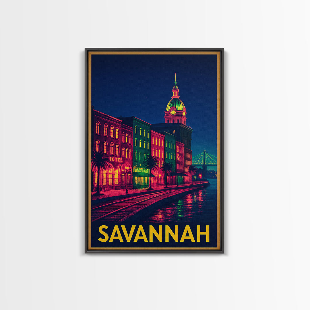 Savannah Georgia Travel Poster, Framed Canvas Print, Cyberpunk Style City Art, Savannah Wall Art, Retro Travel Print, Vintage Travel Print