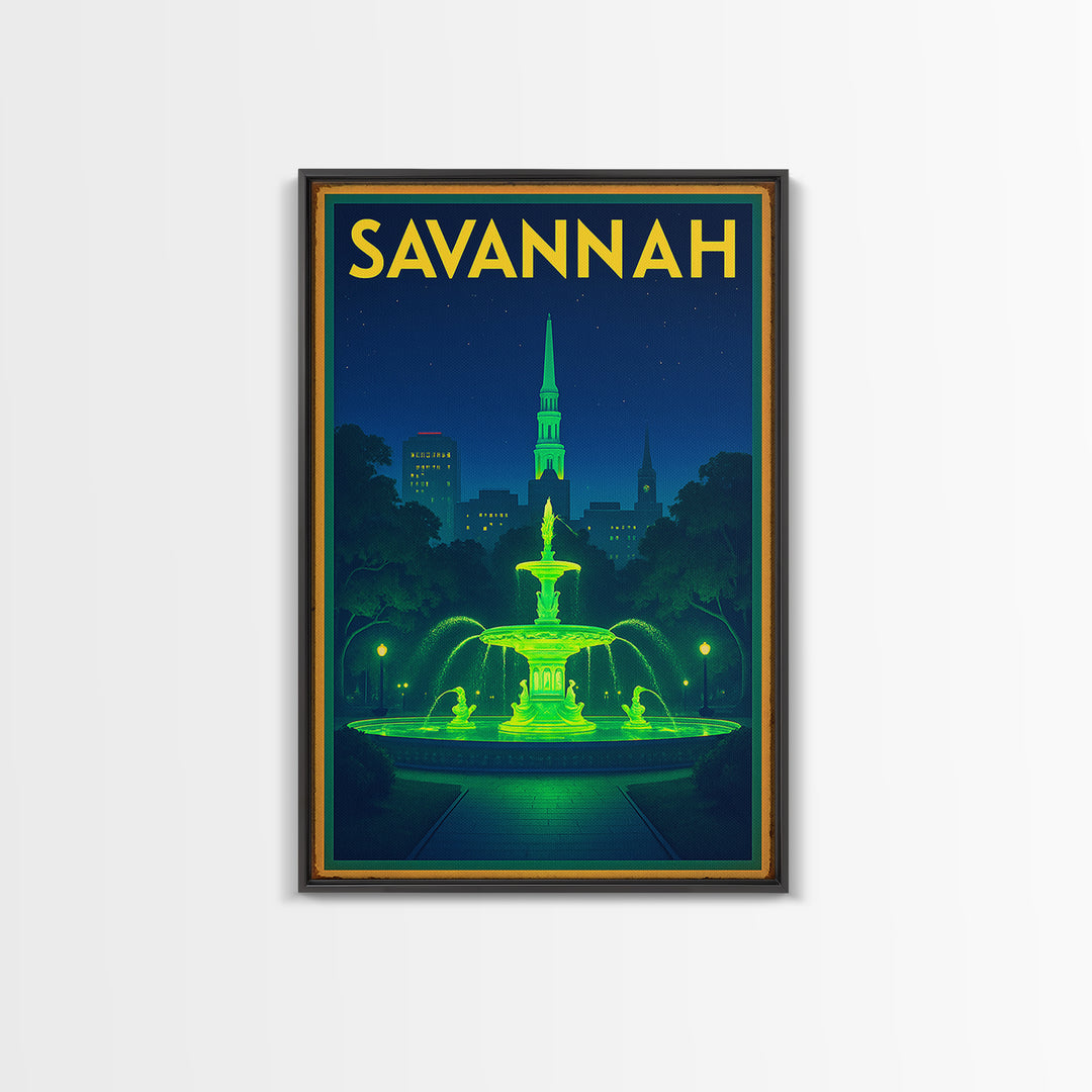 Savannah Travel Poster, Framed Canvas Print, Neon Skyline Wall Art, Savannah Wall Art, Gift For Travelers, Living Room Wall Art
