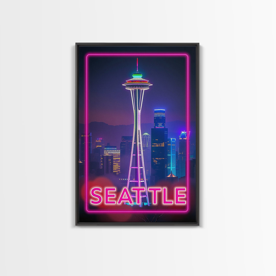 Seattle Washington Travel Poster, Canvas Print, Cyberpunk Style City Art, Seattle City Art, Wanderlust Decor, Travel Art Print, Wall Art