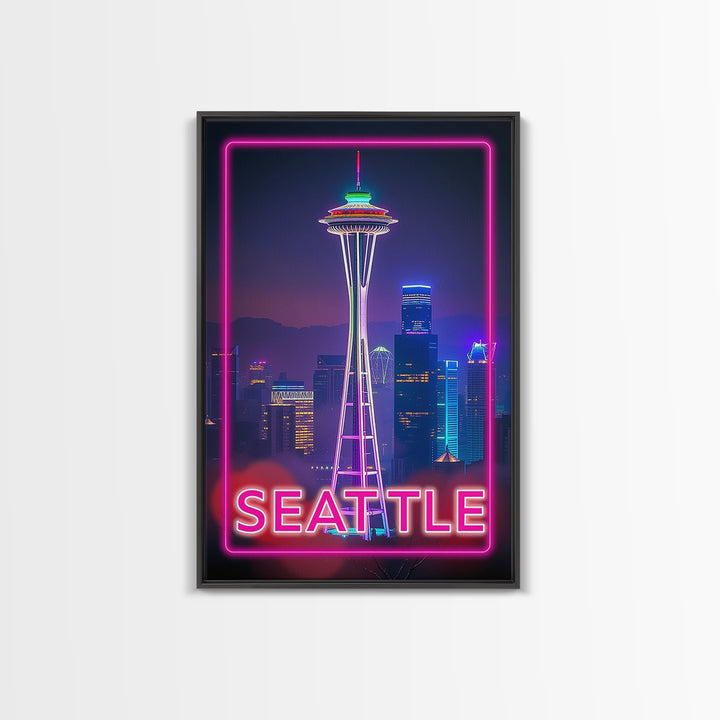 Seattle Washington Travel Poster, Canvas Print, Cyberpunk Style City Art, Seattle City Art, Wanderlust Decor, Travel Art Print, Wall Art