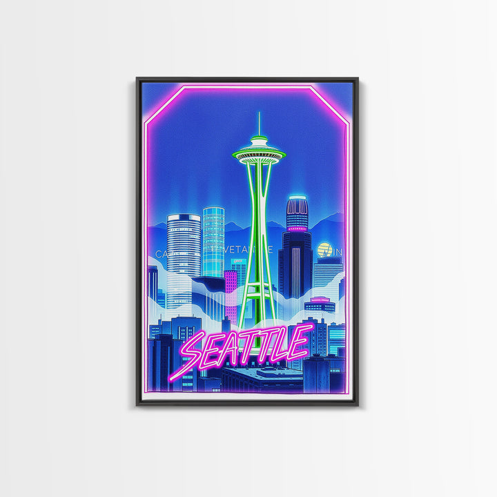 Seattle Travel Poster, Canvas Print, Cyberpunk Style City Art, Seattle City Art, Watercolor Skyline, City Travel Prints, Travel Wall Art