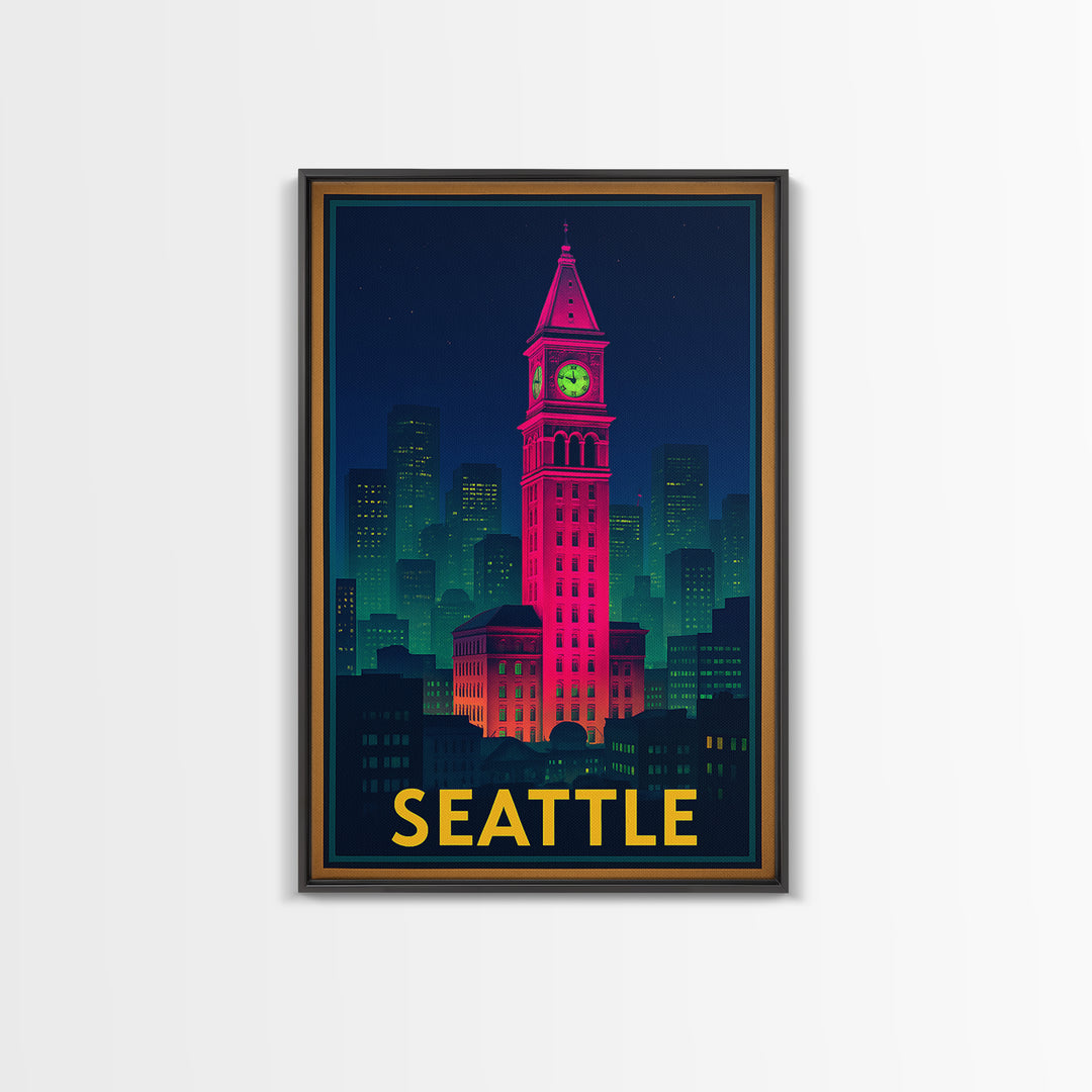 Seattle Travel Poster, Framed Canvas Print, Cyberpunk Style City Art, Seattle Wall Art, Travel Wall Art, Vintage Travel Print, Design 5