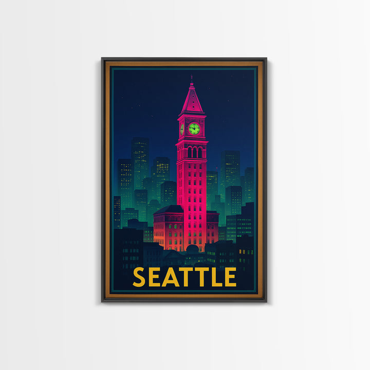 Seattle Travel Poster, Framed Canvas Print, Cyberpunk Style City Art, Seattle Wall Art, Travel Wall Art, Vintage Travel Print, Design 5