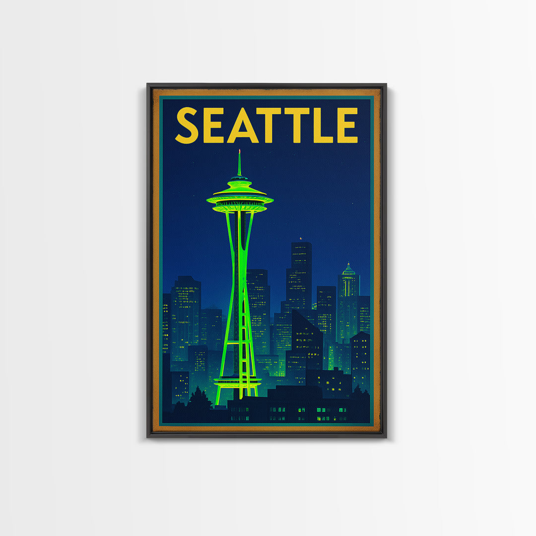 Seattle Travel Poster, Framed Canvas Print, Cyberpunk Style City Art, Seattle City Art, Wanderlust Decor, Retro Travel Print, Design 6
