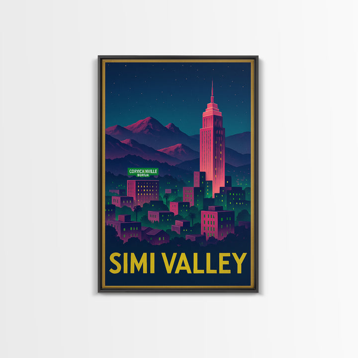 Simi Valley California Travel Poster, Canvas Print, Neon City Skyline Wall Art, Simi Valley Poster Print, Wall Decor, Travel Art Print