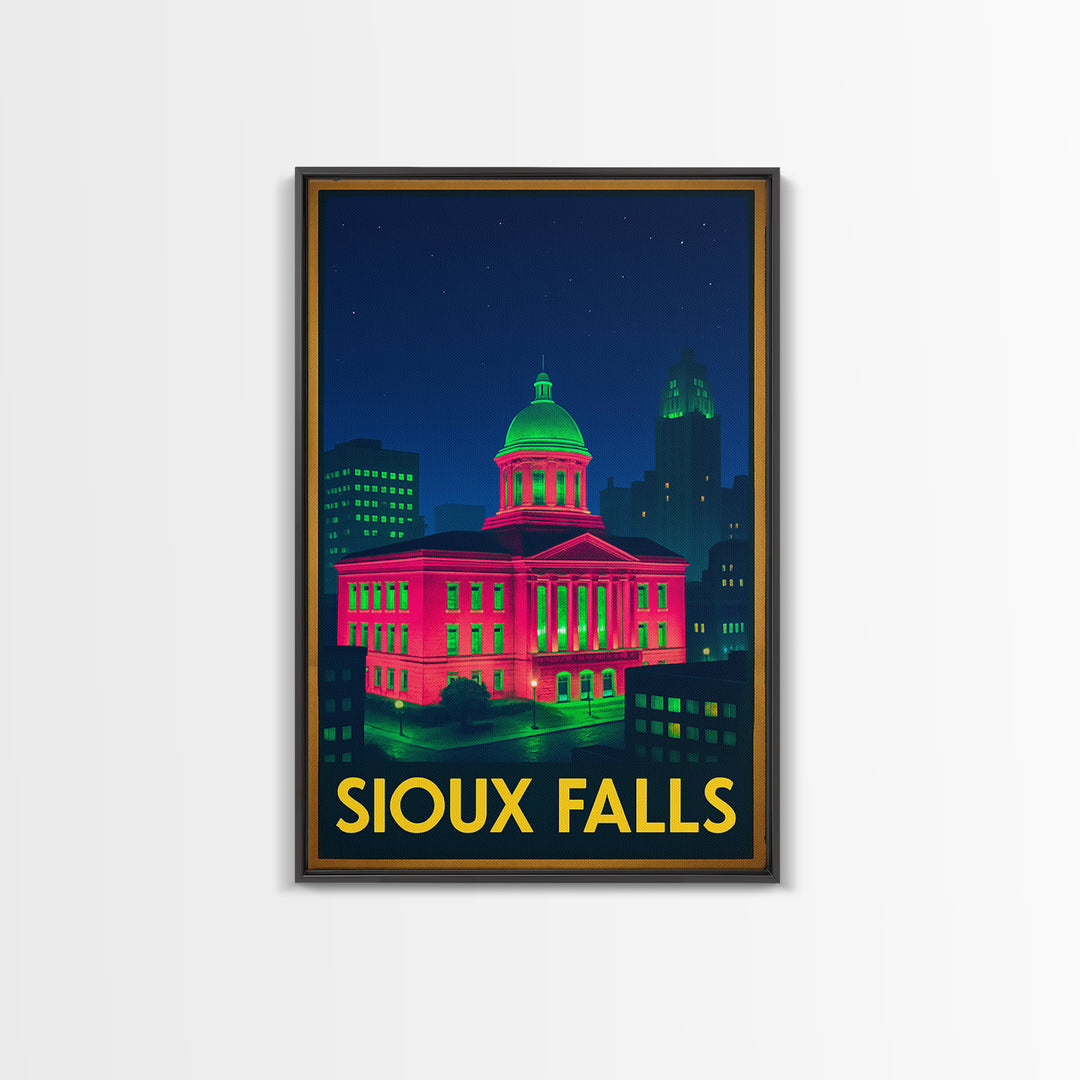Sioux Falls South Dakota Travel Poster, Canvas Print, Neon Travel Art, Sioux Falls Print, Travel Poster Set, Watercolor Downtown Skyline