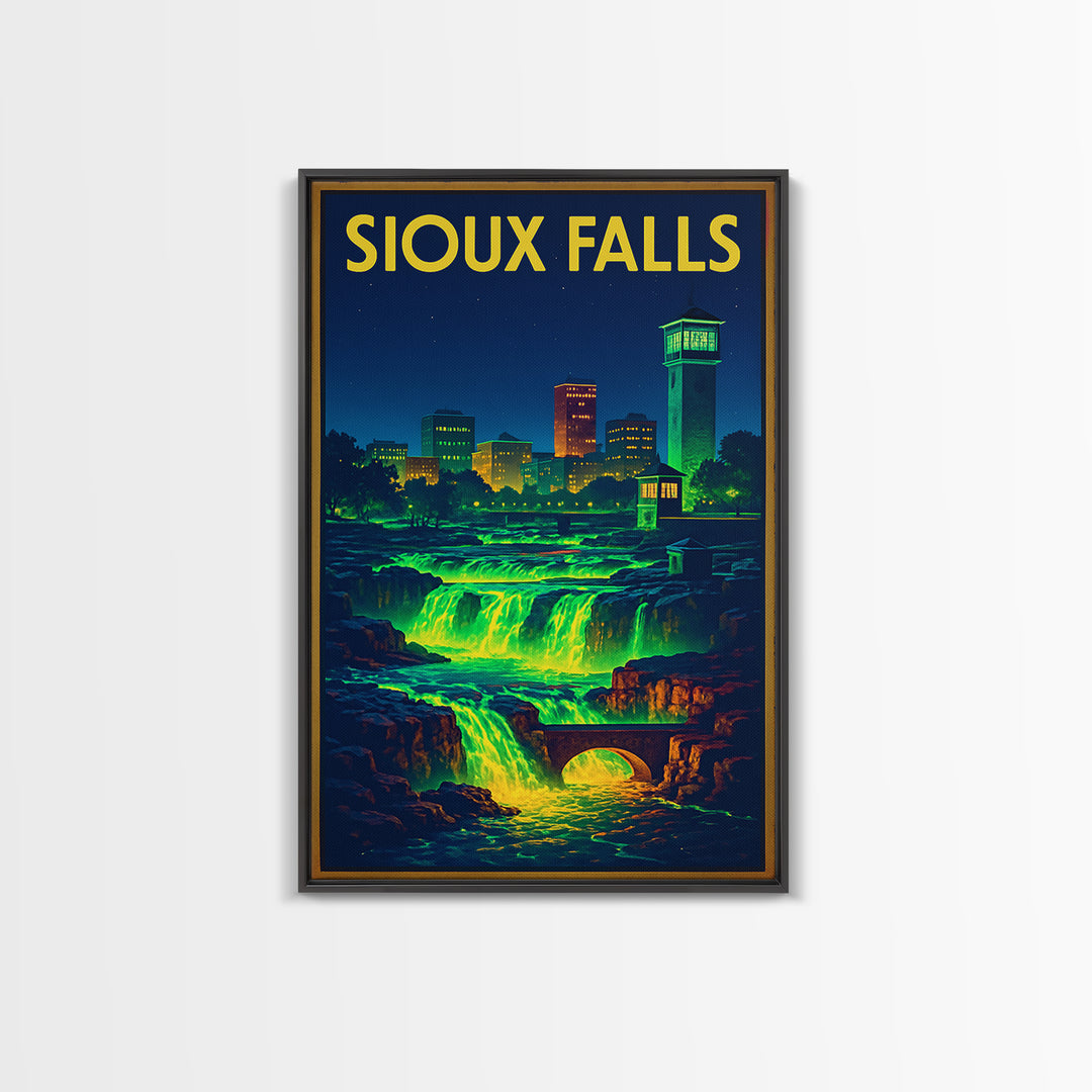 Sioux Falls Travel Poster, Canvas Print, Retro Neon Travel Art, Sioux Falls Poster Print, Living Room Wall Art, City Illustration