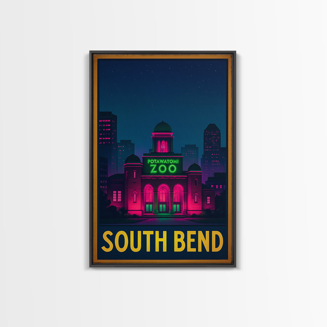 South Bend Indiana Travel Poster, Canvas Print, Neon Skyline Wall Art, South Bend City Art, Vintage Travel Print, Retro Travel Print