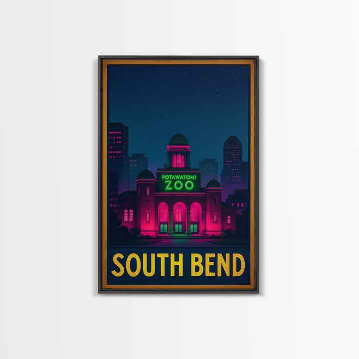 South Bend Indiana Travel Poster, Canvas Print, Neon Skyline Wall Art, South Bend City Art, Vintage Travel Print, Retro Travel Print