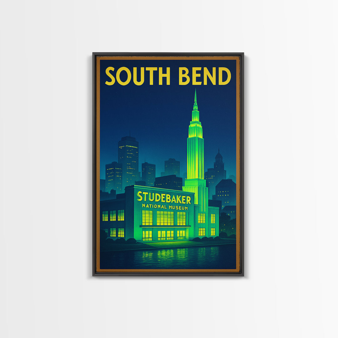 South Bend Travel Poster, Framed Canvas Print, Neon City Skyline Wall Art, South Bend Wall Art, Wanderlust Decor, Living Room Wall Art