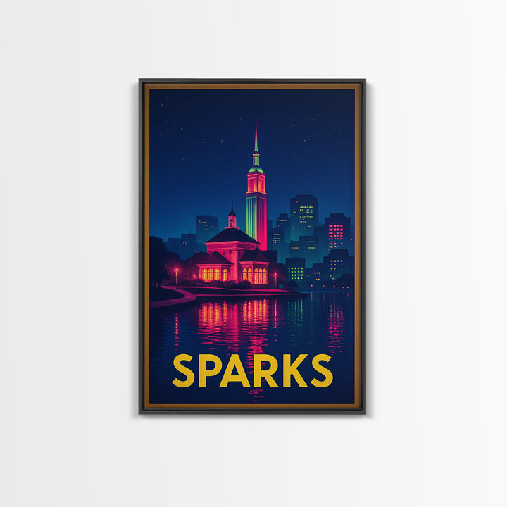 Sparks Nevada Travel Poster, Framed Canvas Print, Cyberpunk Style City Art, Sparks Poster Print, Travel Art Print, Mid Century Wall Art
