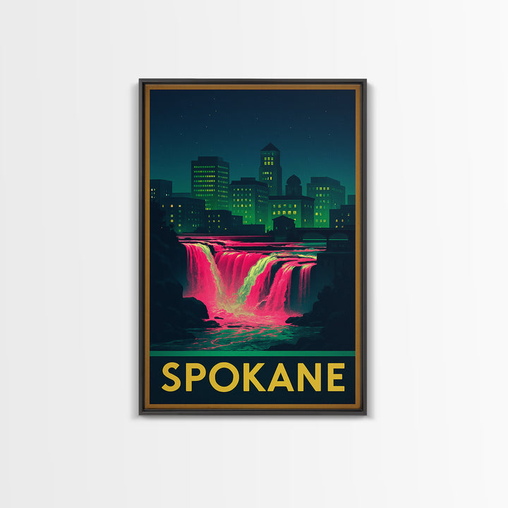 Spokane Washington Travel Poster, Canvas Print, Cyberpunk Style City Art, Spokane Poster Print, Mid Century Wall Art, Living Room Wall Art