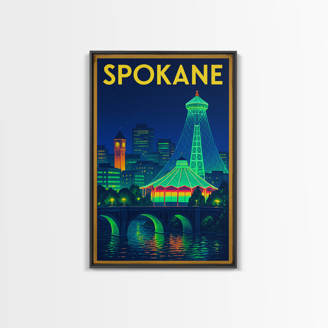 Spokane Travel Poster, Framed Canvas Print, Neon Skyline Wall Art, Spokane Travel Art, Travel Poster Set, Eclectic Wall Decor
