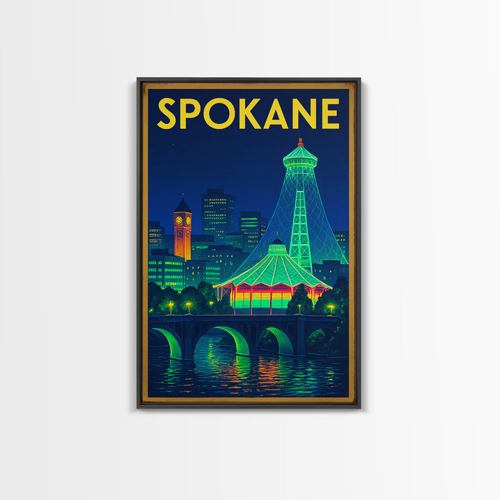 Spokane Travel Poster, Framed Canvas Print, Neon Skyline Wall Art, Spokane Travel Art, Travel Poster Set, Eclectic Wall Decor
