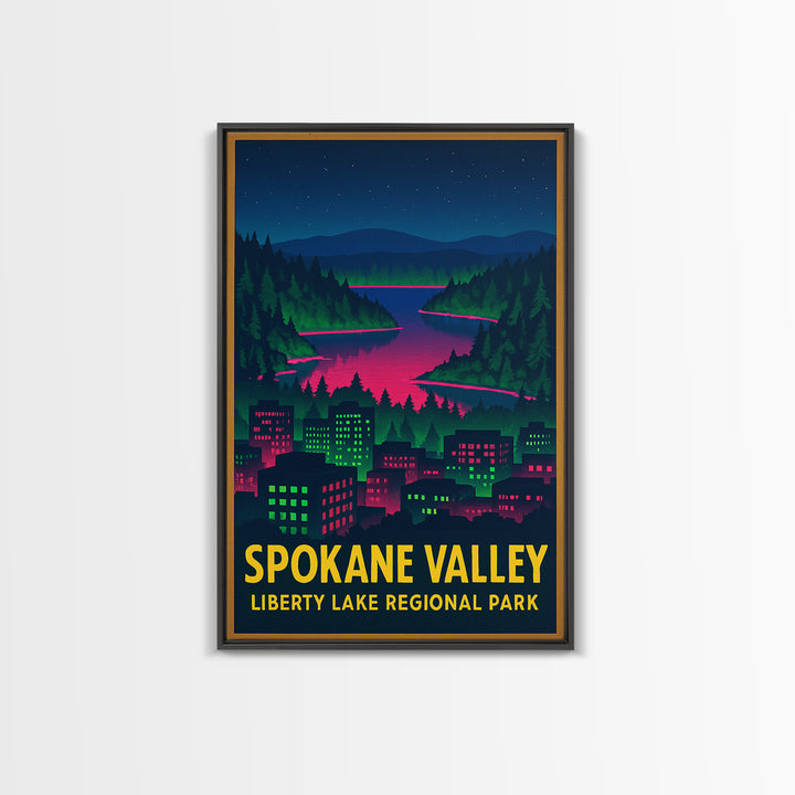 Spokane Valley Washington Travel Poster, Canvas Print, Electric Night Poster Art, Spokane Valley City Art, Travel Art Print