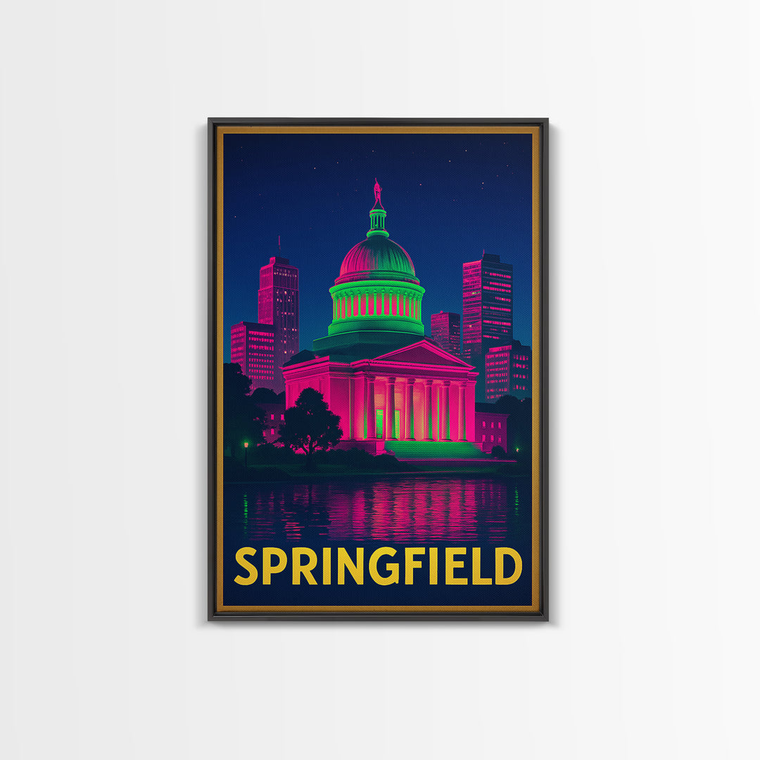 Springfield Travel Poster, Framed Canvas Print, Cyberpunk Style City Art, Springfield Travel Art, Fine Art Print, Mid Century Wall Art