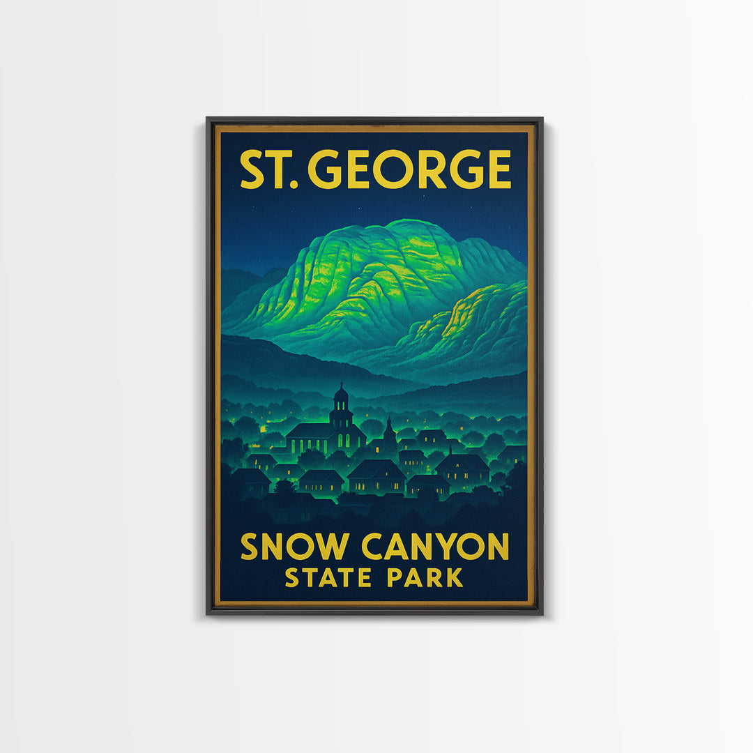St George Travel Poster, Framed Canvas Print, Cyberpunk Style City Art, St George Art Print, Mid Century Wall Art, Gift For Travelers