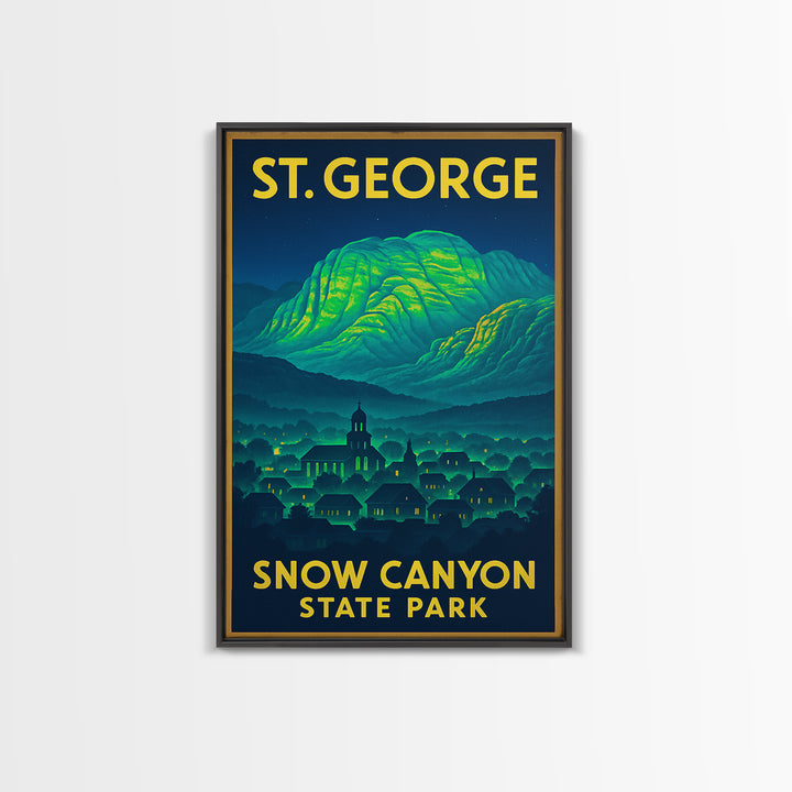 St George Travel Poster, Framed Canvas Print, Cyberpunk Style City Art, St George Art Print, Mid Century Wall Art, Gift For Travelers