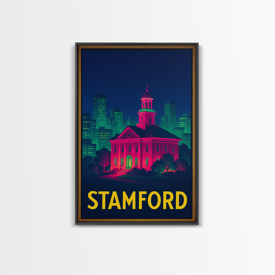 Stamford Connecticut Travel Poster, Canvas Print, Neon City Skyline Wall Art, Stamford Print, Travel Wall Art, Travel Print, Retro Poster