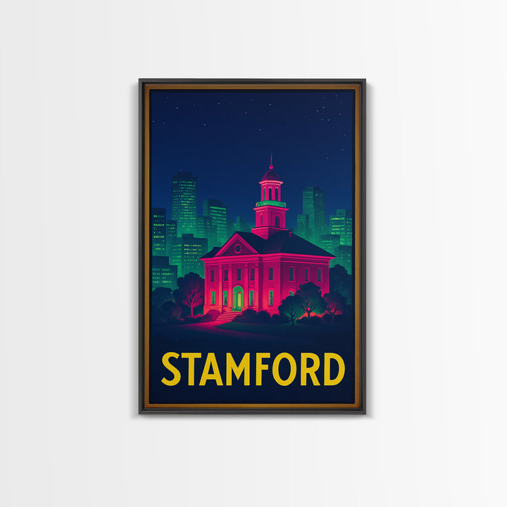 Stamford Connecticut Travel Poster, Canvas Print, Neon City Skyline Wall Art, Stamford Print, Travel Wall Art, Travel Print, Retro Poster