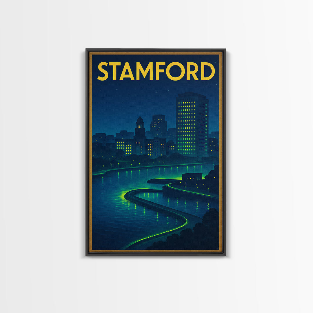 Stamford Travel Poster, Framed Canvas Print, Electric Night Poster Art, Stamford Travel Art, Travel Wall Decor, Travel Wall Art