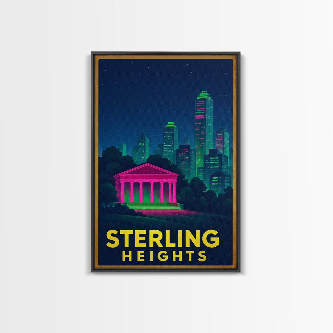 Sterling Heights Michigan Travel Poster, Canvas Print, Electric Night Poster Art, Sterling Heights Art Print, Retro Travel Print, Wall Decor