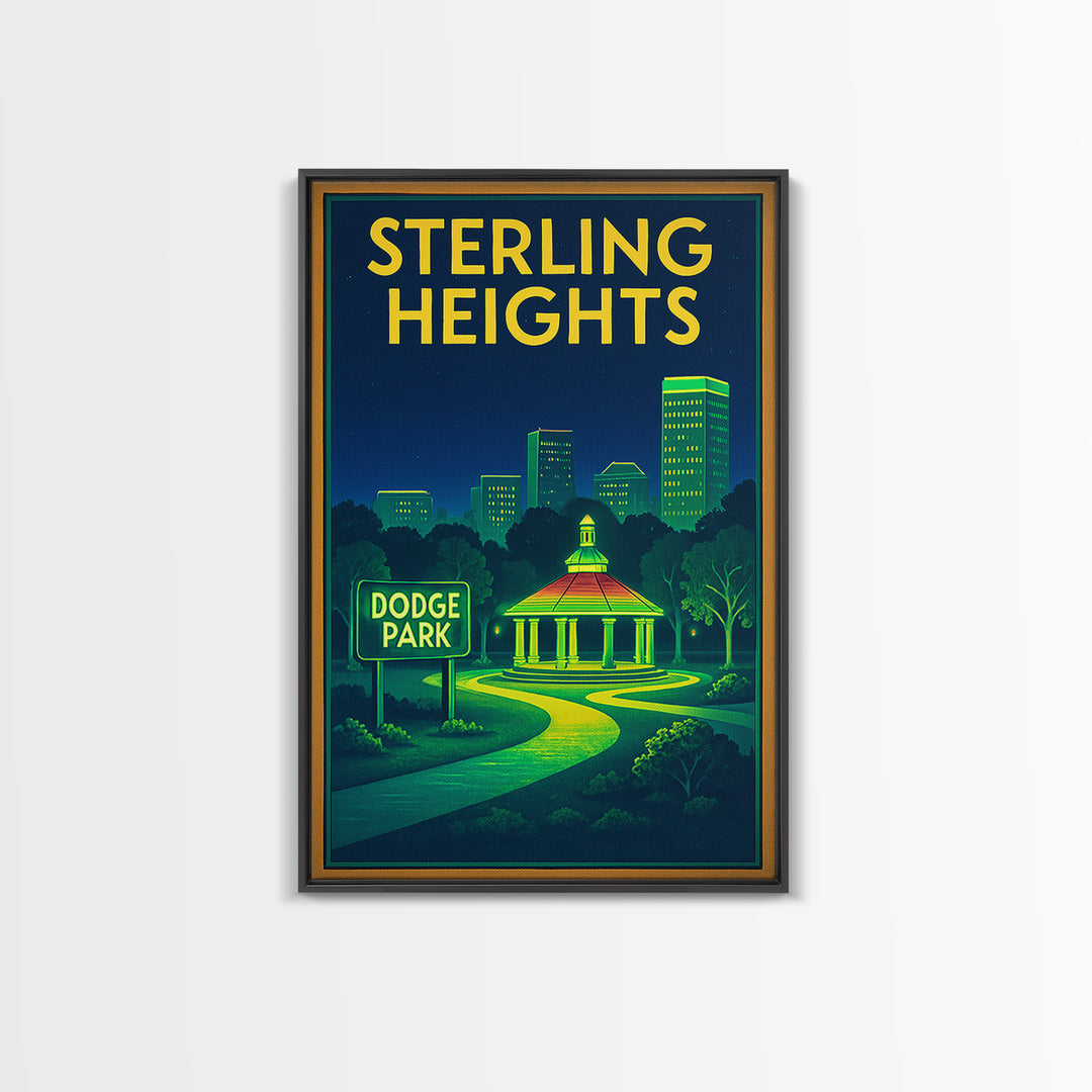 Sterling Heights Travel Poster, Framed Canvas Print, Neon City Skyline Wall Art, Sterling Heights Poster Print, City Illustration