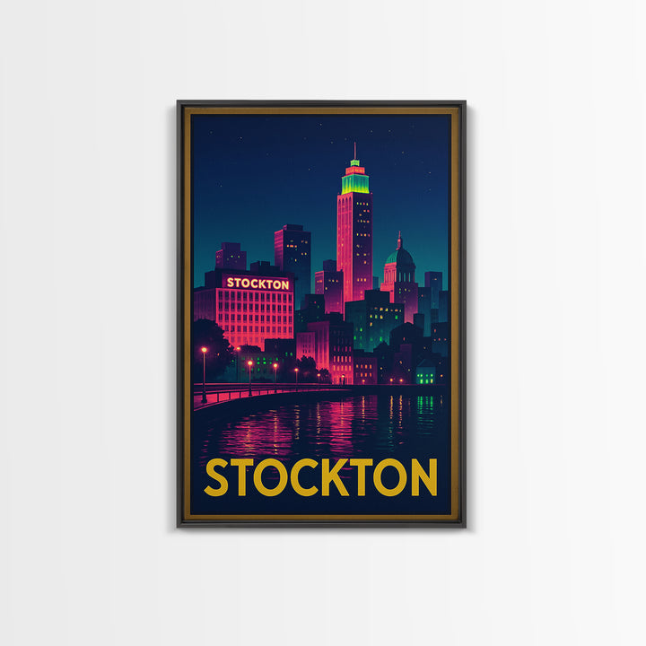 Stockton California Travel Poster, Canvas Print, Neon Skyline Art Wall Art, Stockton Art Print, Vintage City Art, Poster Art