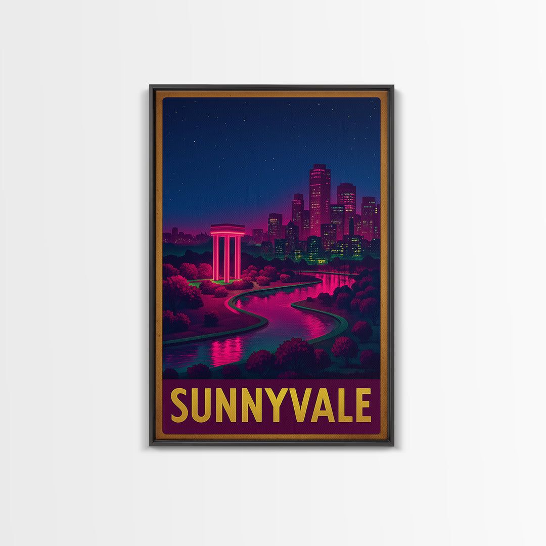 Sunnyvale California Travel Poster, Canvas Print, Neon Downtown Skyline Wall Art, Sunnyvale Art Print, Home Office Decor, Retro Travel Print