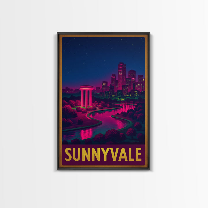 Sunnyvale California Travel Poster, Canvas Print, Neon Downtown Skyline Wall Art, Sunnyvale Art Print, Home Office Decor, Retro Travel Print